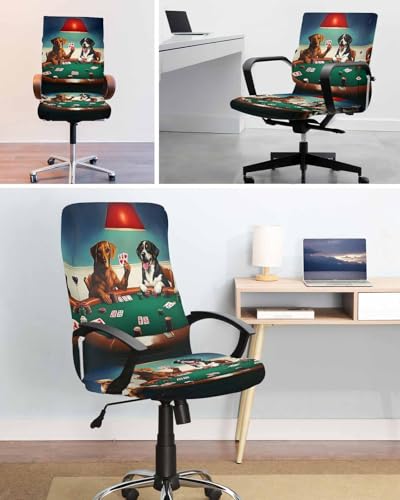 Abstract Animal Office Chair Cover, Dog in The Room Playing Poker Games Universal Stretch Desk Rotating Chair Slipcovers, Removable Seat Protector with Zipper, L - color: Dark Green Brown, size: Large
