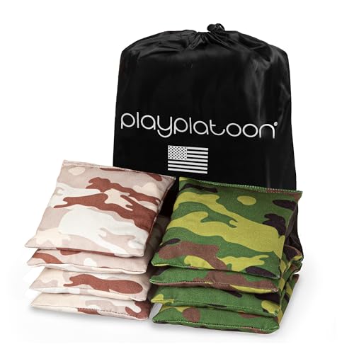 Play Platoon Cornhole Bags Weather Resistant- Set of 8 Regulation Bean Bags for Tossing- Official Professional Size & Weight Corn Hole Bags Two Color All Weather Cornhole Beans Bag Set with Tote Bag - color: Camo - Green & Tan