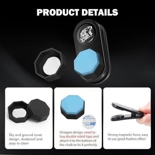 Magnetic Chalk Holder Octagon, Portable Pool Cue Chalk Holder with Fixed Clip, Silent Billiard Chalk Holder Pool Snooker Billiards Accessories, Black