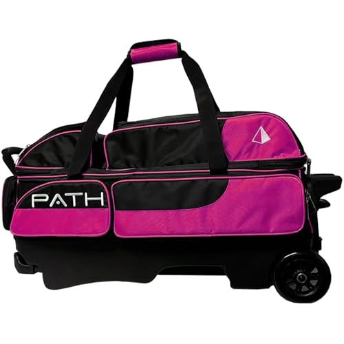 Pyramid Path Triple Premium Deluxe Roller Bowling Bag With Extra Large Separate Shoe Compartment (Up To US Mens Size 16) and 5 Accessory Pockets, 5" Wheels, Retractable Locking Handle - Extends to 42" - color: Black/Hot Pink