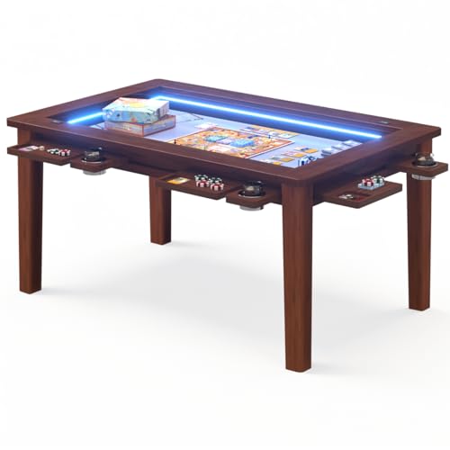 Haddockway Solid Wood Board Game Table with Colorful Led Lights, Dining/Gaming Table for 4-6 Players with Charge Station,Removable Top, Play Mat, 6 Cup Holders & Trays (Warm Walnut) - color: Solid Wood Blackwalnut With Led Light