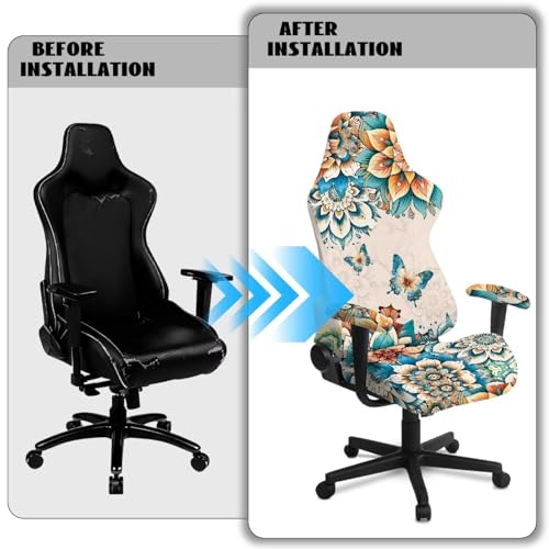 Butterfly Print Gaming Chair Covers Boho Mandala Flower Print Gamer Chair Cover Set with 2 Armrest Covers for Swivel Rotating Chairs, Machine Washable - color: Brown - Butterfly Boho Mandala Flower