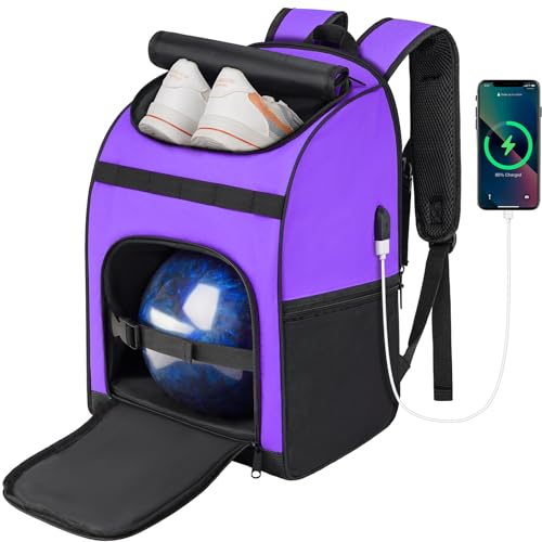 Single Bowling Ball Bag Backpack with Shoe Bag Up to Size 16, Accessories Gifts for Bowling Lovers,Bowling Bag with Padded Ball Holder - color: purple