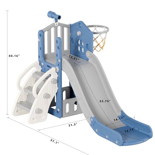 YUFU 5 in 1 Toddler Slide, Kids Slide with Climber, Basketball Hoop and Ball, Outdoor Indoor Playset for Toddlers Age 1-3 (Blue+Gray) - color: Blue+gray