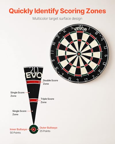 VEVOR Dartboard with 6 Darts & Scoring Kit, Self-Healing Sisal Fibers Dartboard with Staple-Free Bullseye & Rotating Number Ring, 17.7" Professional Steel Tip Dart Board Set for Home Party Game Rooms