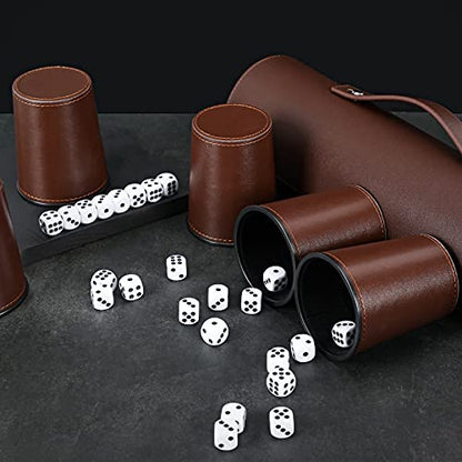 Leather Dice Cup Set, 5 Black Dice Cups + 25 Dices + Exclusive Storage and Transport Case Made of Faux Leather (Brown x2) - color: Brown X2