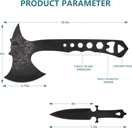 Throwing Axe and Tomahawk 3 Pack Protective Nylon Sheath with Built-in Corkscrew,10.4" Full Tang Stainless Steel Throwing Tomahawk - color: Black
