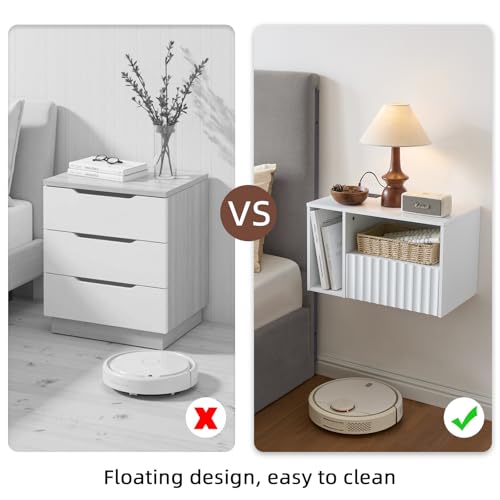 BuildHom Modern Matte White Fluted Floating Nightstand with Charging Station, NightStand with Drawers, Bedside with USB Ports and Outlets, Bedroom Furniture (Set of 2) - color: Matte White, size: Set of 2