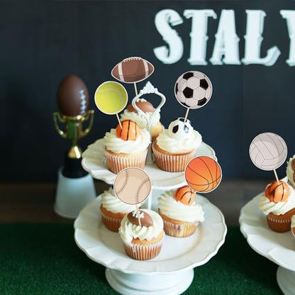 36Pcs Sports Cupcake Toppers Basketball Cupcake Toothpicks Soccer Ball Football Baseball Volleyball Rugby Cake Decorations for Sports Ball Game Theme Baby Shower Birthday Party Decoration Supplies - style: Sports Ball