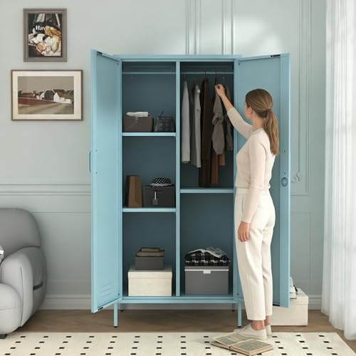Industrial 67" Blue Lockable Metal 2-Door Storage Cabinet, Multi-Purpose Wardrobe with Hanging Rod & Adjustable Shelves, Heavy Duty for Bedroom, Garage, Home Office 67" H X 31.5" W X 18.1" D - color: Ocean, style: Wardrobe-67"H-JS