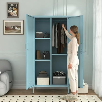 Industrial 67" Blue Lockable Metal 2-Door Storage Cabinet, Multi-Purpose Wardrobe with Hanging Rod & Adjustable Shelves, Heavy Duty for Bedroom, Garage, Home Office 67" H X 31.5" W X 18.1" D - color: Ocean, style: Wardrobe-67"H-JS