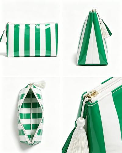 Striped Makeup Bag with Tassel Zipper, Large Waterproof Cosmetic Travel Pouch forWomen, Preppy Aesthetic Toiletry Bag Travel Essentials for Girls, Beach Bag Essentials Organizer Gift(Green White) - color: Green White