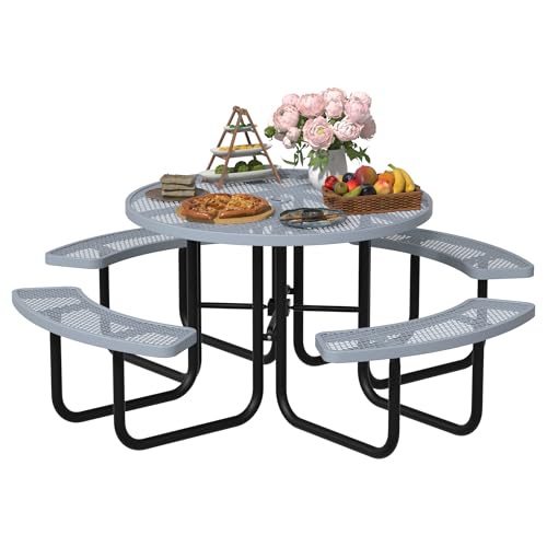 All-Weather Round Outdoor Picnic Table, Commercial Picnic Table Bench Set with Umbrella Hole, Thermoplastic Coated Metal Dining Tables for School, Stores, Park, Patio, Yard, Grey - color: Grey