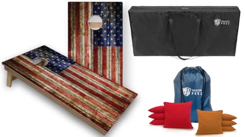 Tournament Grade Tailgating Pros American Flag Wooden Plank Design Cornhole Board Set w/Bean Bags and Carrying Case - 4'x2' Corn Hole Toss Game w/Built in Lights - color: Red / Gold