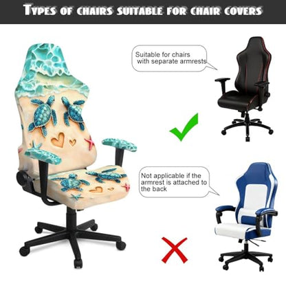 Sea Turtle Print Gaming Chair Covers with Armrest Covers Dust-Proof Universal Fit Gamer Desk Chair Cover for Ergonomic Game Rotating Office Chairs, Easy to Install - color: Brown and Blue - Sea Turtle
