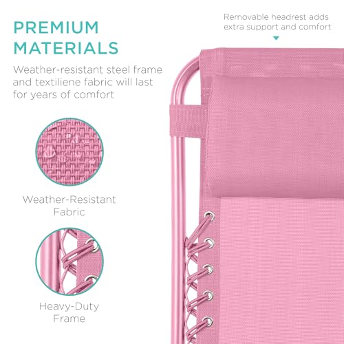 Best Choice Products Set of 2 Adjustable Steel Mesh Zero Gravity Lounge Chair Recliners w/Pillows and Cup Holder Trays - Carnation - color: Carnation, size: Standard