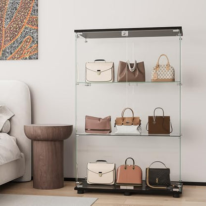 Glass Display Cabinet with 3-Shelf Double Doors and Lock, Curio Cabinet 5mm Tempered Glass Floor Standing Bookshelf for Living Room, Bedroom, Office, 49 x 31.77 x 14.37 in, Black - size: 2-Door 3-Shelf
