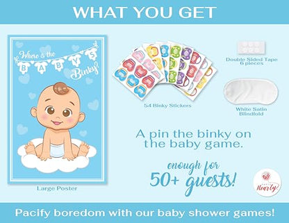 Party Hearty Pin the Pacifier on the Baby, Baby Shower Game - Blue Boy | 1 Large Poster, 56 Colorful Binky Stickers, 1 Blindfold & Double-Sided Tape - color: Boy Blue - Pin the Binky