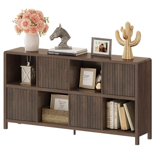 FATORRI 8 Cube Storage Organizer Bookshelf with Storage, Horizontal Bookcase with 4 Doors, Long Wooden Book Shelf for Living Room, Home Office (57 Inch Dark Walnut) - color: Dark Walnut With 4 Doors, size: 8 cube