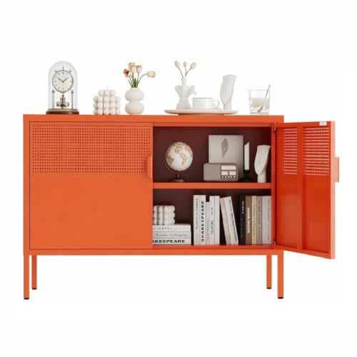 Orange Metal Storage Cabinet,2 Door TV Stand, Metal Mesh Accent Cabinet,Magnetic Door Closure,Low Storage Cabinets with Doors and Shelf for Home,Office,Living Room - color: Orange, size: 25"H