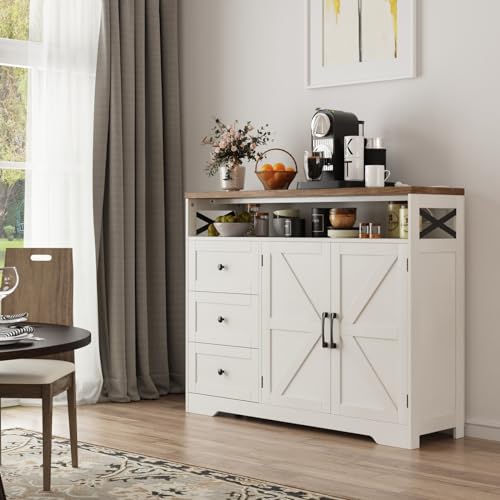 Befrases Farmhouse Buffet Cabinet with Drawers & Open Shelf, Sideboard with Storage, Kitchen Pantry Cabinet Hutch, Coffee Bar Station for Kitchen, Livingroom, 47" L White - color: Antique White