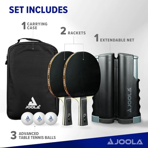JOOLA Retractable Ping Pong Net for Any Table - Portable Table Tennis Net and Post Set Stretches 5.75' & Clamps Up to 2" Thick - Optional Racket and Ball Set, Games for Family - color: Deluxe Net Set