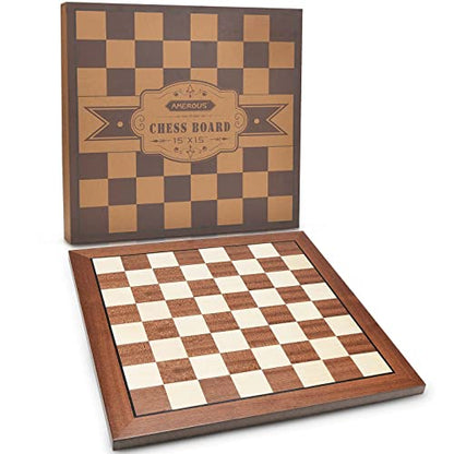 AMEROUS 15'' x 15'' Wooden Chess Board No Pieces, Professional Tournament Chessboard Only with Gift Package - Chess Rules, Portable Chess Board for Beginners, Kids, Adults