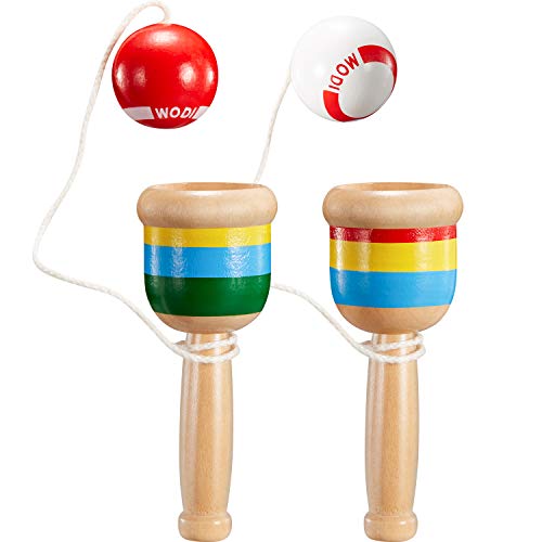 TOODOO 2-piece Wooden Catch Ball, Jacks Game with Paddle, String, Cup and Ball - Mini Wood Catch Balls for Hand-Eye Coordination