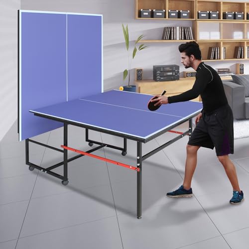 8ft Table Tennis Table Foldable, Outdoor Ping Pong Table Weatherproof, Portable Ping Pong Table Set with Net, 2 Table Tennis Paddles 3 Balls, Folding Ping Pong Tables, Table Tennis Equipment, Blue