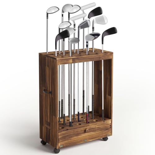 Silipull Golf Club Stand Holder Wooden Golf Club Organizer Putter Display Rack with Storage Drawer and Wheel for Indoor Home Office Simulator Garage - color: Rustic Dark Brown