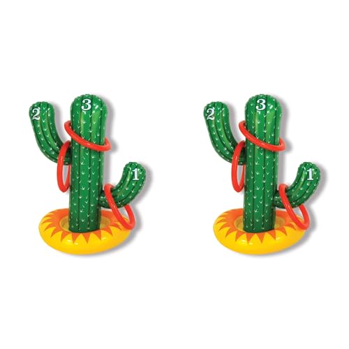 Beistle Inflatable Cactus Ring Toss – 2 Pack Blow-Up Plant Targets with 6 Rings Total, Fun Western-Themed Party Activity, Picnic Event Set, Carnival & Summer Poolside Backyard Competition, 21" & 7¼"