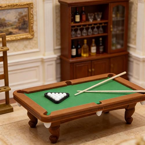 Mini Pool Table Toy for Kids 3+, 1:12 Scale Billiards Set, Cues & Balls, Hand Eye Coordination