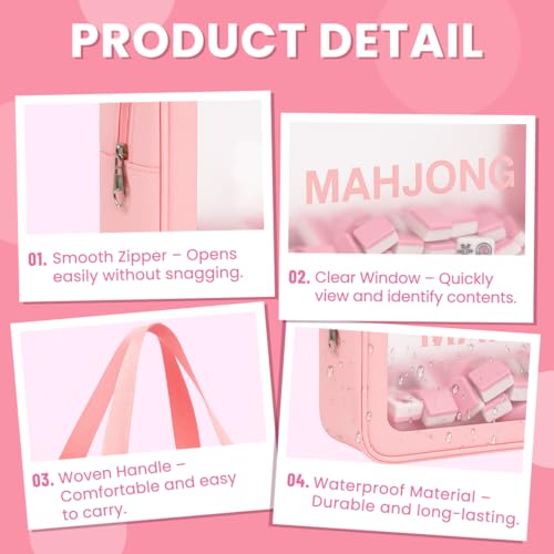 Mahjong Tile Bag, Tile Storage Case for American Mah Jong Set, Durable Mahjong Accessories Gift Pouch, Card Holder Organizer, Pink (Case Only)