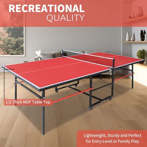Ping Pong Table Foldable Indoor 8/8.5/9FT Single Player Playback Mode Game Set with Paddles and Balls - color: Red-8x4FT