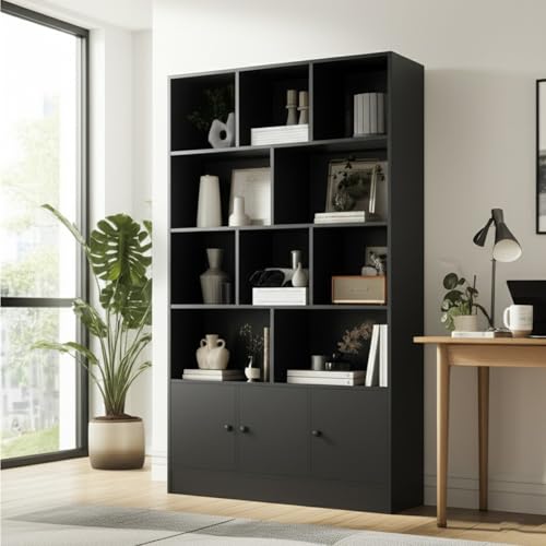 Anystyle Black 5-Tier Bookshelf, 13-Cube Display Cabinet with 3 Doors, Freestanding Bookcase with Anti-Tip Kit for Living Room & Home Office, 35.4” W x 11.8” D x 65” H - color: Black