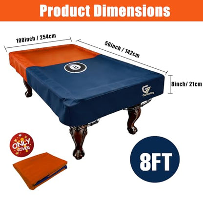 8FT (100"L x 56"W x 8"H) Heavy Duty Leatherette Pool Table Cover – Waterproof, Scratch-Resistant, All-Season Protection for Indoor/Outdoor Use – Orange/Dark Blue