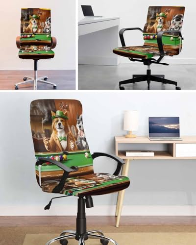 Animal Playing Billiards Office Chair Cover, Abstract Dog Universal Stretch Desk Rotating Chair Slipcovers, Board Games Removable Seat Protector with Zipper, S - color: Dark Green Brown, size: Small