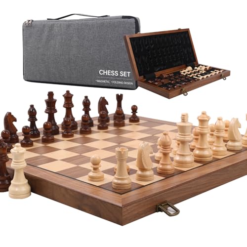 Ajedrez Magnetic Wooden Chess Set, 15" Walnut Folding Chess Board with Handcrafted Staunton Pieces 2 Extra Queens, Portable Travel Chess Board Game for Adults Kids, Gift Box & Storage Bag - color: Gray