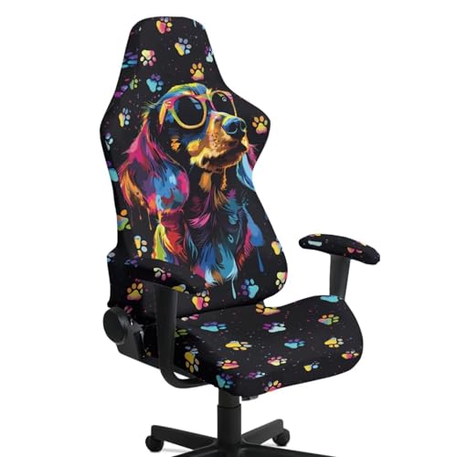 Dachshund Dog Print Computer & Gaming Chair Slipcover Dog Paw Print Gaming Chair Covers Slipcovers 4Pcs with Armrest Cover Universal Fit Office Desk & Racing Computer Gamer Chairs - color: Black - Dachshund Dog Dog Paw