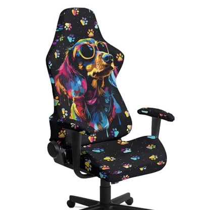 Dachshund Dog Print Computer & Gaming Chair Slipcover Dog Paw Print Gaming Chair Covers Slipcovers 4Pcs with Armrest Cover Universal Fit Office Desk & Racing Computer Gamer Chairs - color: Black - Dachshund Dog Dog Paw