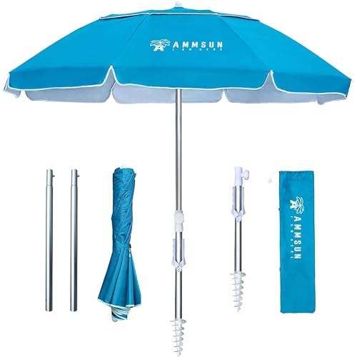 AMMSUN 6.5ft Twice Folded Portable beach umbrella with Sand Anchor Windproof Tilt Pole Air vent UPF 50+ Protection Fits in a large Suitcase Compact For Travel Patio Garden Pool Backyard Sky Blue - color: 6.5ft Light Blue
