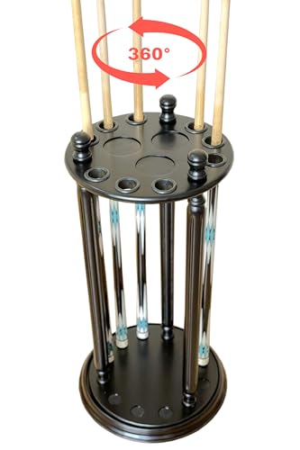 Revolving Billiard Cue Rack, Pool Stick Holder Floor Stand holds 9 Pool Table Sticks, Made of 100% Solid Wood (Black) - color: Black