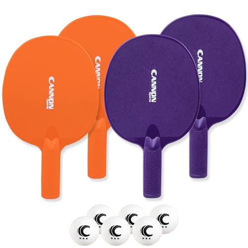 Cannon Sports Unbreakable Table Tennis Paddle Set - 4 Rackets with 6 Pack of 3-Star Table Tennis Balls – Portable Set for 4 Players - color: 2 Orange + 2 Purple Paddles + 6 White Balls