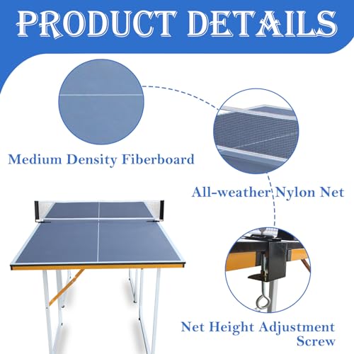 6ft Mid-Size Table Tennis Table Foldable & Portable Ping Pong Table Set for Indoor & Outdoor Games with Net, 2 Table Tennis Paddles and 3 Balls