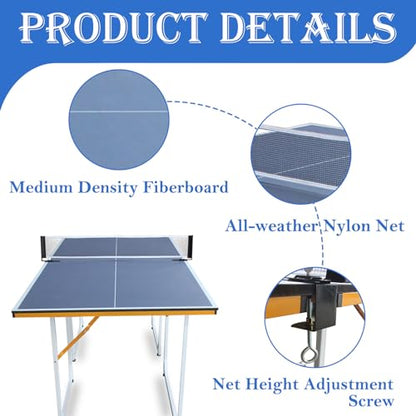 6ft Mid Size Table TTable Foldable Portable Ping Pong Table Set for Indoor Outdoor Games with Net, 2 Table TPaddles and 3 Balls