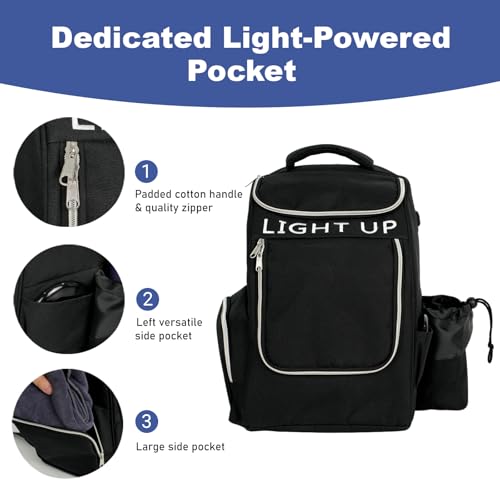 X-UFO Disc Golf Backpack & Glow-in-the-Dark Disc Light, Day & Night Dual Use Portable Beginner Glow Disc Golf Bag, Holds 18+ Discs