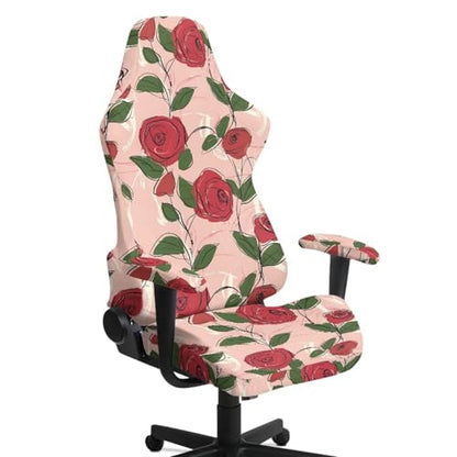 Suobstales Line Rose Flower Pattern Gaming Chair Cover with Armrest Covers Jacquard Computer Game Chair Slipcover with Attached Arms Cat Scratch Proof Washable Removable - color: Line Rose Flower