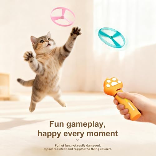 Interactive Cat Toys for Indoor Cats, Rechargeable Flying Disc Launcher with Adjustable Launch Distance & LED Lights, 4 Cat Spring Toys for Bored Adult Kittens, Automatic Cat Toy for Small Dog Fetch
