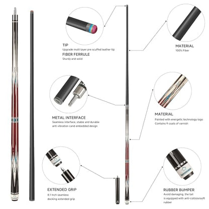 HomeSeason Carbon Fiber Pool Cue 58" with Leather Bag Extender Extension Rod Professional Pool Stick 4-Layer Tip Low Deflection Cue Stick, 3 * 8/8Joint Pin, Ultra-Smooth, Billiard Cue Sticks - color: 18oz with bag