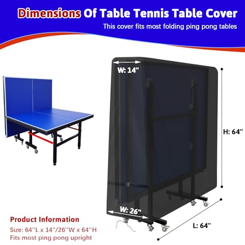 Ping Pong Table Cover, Outdoor & Indoor Waterproof Tennis Table Cover for Folding Ping Pong Table,600D Heavy-Duty All Weather Protection Dust Cover - 64'' x 26'' x 64''